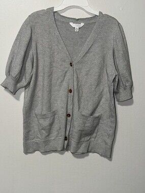 Time and Tru Gray Solid Knit V-Neck Button Cardigan Sweater Puff Sleeve M